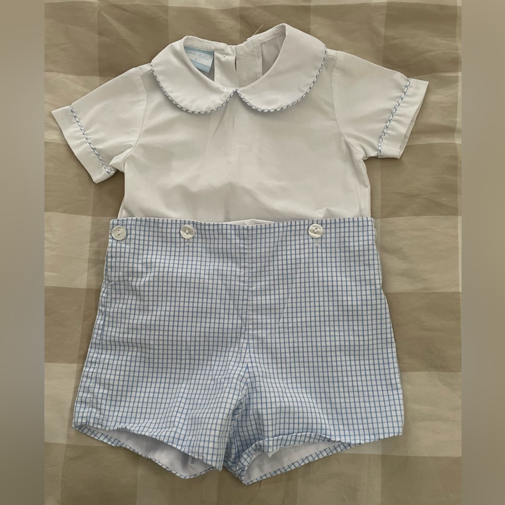 Petit Bebe Boys Blue & White Check Button on Shorts Outfit Size 2, Baby Toddler